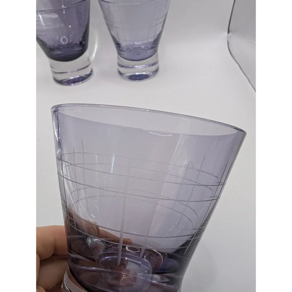 Vintage Purple Etched Heavy Base Old Fashioned Cocktail Glasses Set of 4